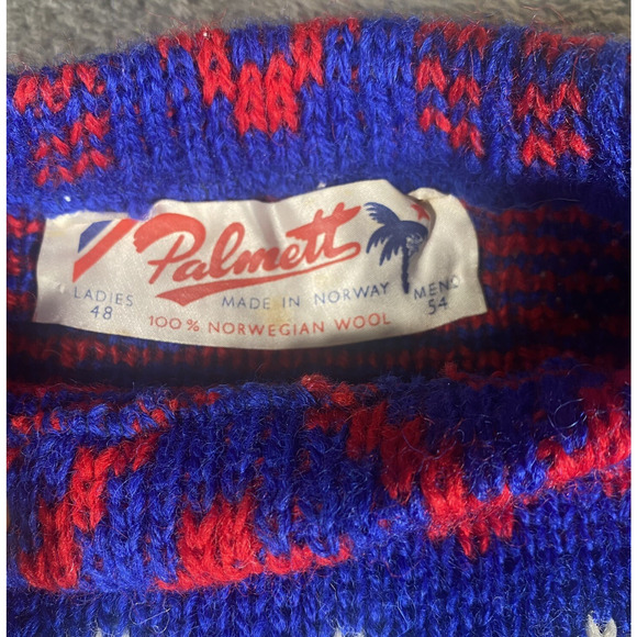 Vintage Palmett Norwegian Pattern Wool Sweater Unisex Blue Womens 48 Mens 54 - Picture 3 of 3